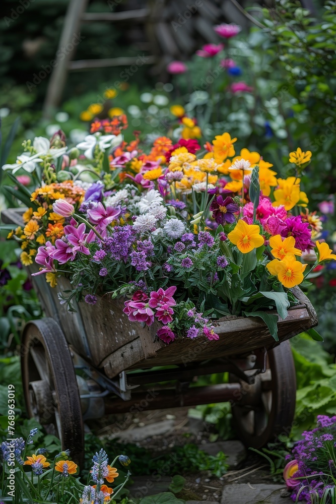 A Rustic Wooden Wheelbarrow Brimming with an Array of Vibrant Spring Flowers in Full Bloom