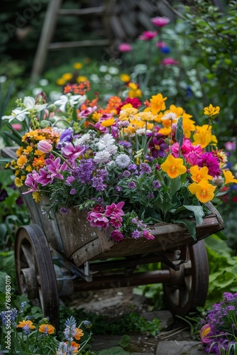 A Rustic Wooden Wheelbarrow Brimming with an Array of Vibrant Spring Flowers in Full Bloom