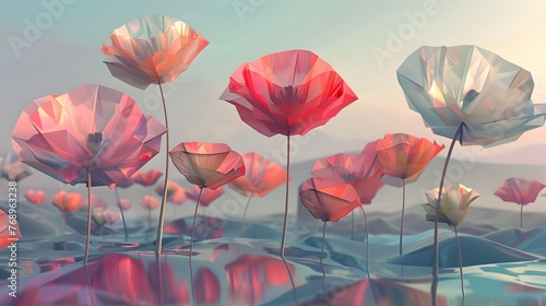 Lowpoly Scene of Pastel Poppy Flowers Blooming on Water Surfaces