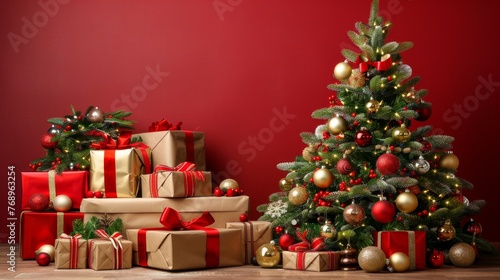 Festive christmas tree with golden baubles and gifts on red background, perfect for holiday scene
