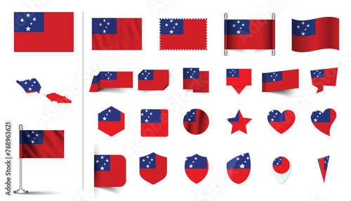 set of Samoa flag, flat Icon set vector illustration. collection of national symbols on various objects and state signs. flag button, waving, 3d rendering symbols
