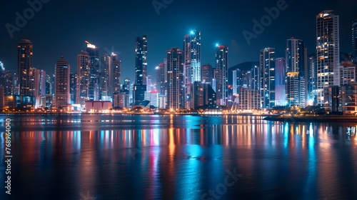 Illuminated Modern Metropolis  A Nighttime Skyline Panorama of Dubai s Futuristic Architecture