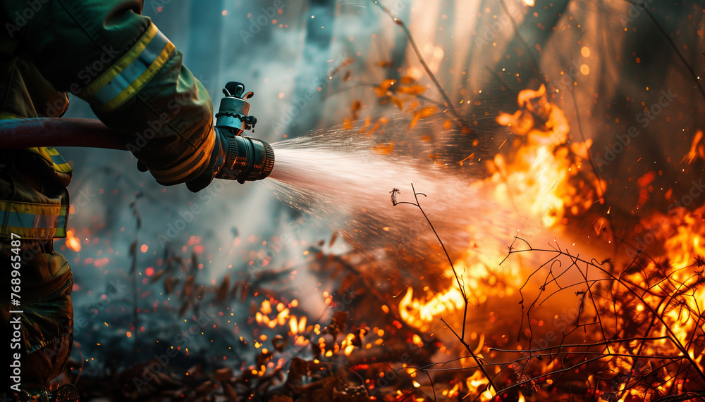 Brave Firefighter Extinguishing Forest Fire with Water Hose - obrazy, fototapety, plakaty 