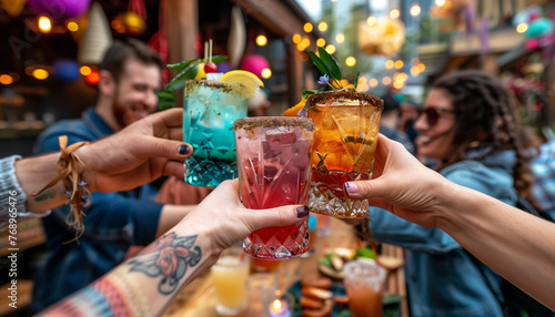 Friends Toasting with Colorful Cocktails at a Festive Outdoor Party