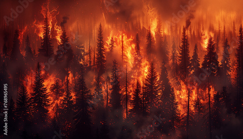 Devastating Wildfire Burning Through Forest with Smoke and Flames