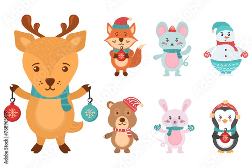 Holidays cartoon character in flat design. Greeting flyers. Hand drawn card  banner with Christmas cute animals and snowmen in Santa Claus hats  sweaters  lights. Vector illustration.