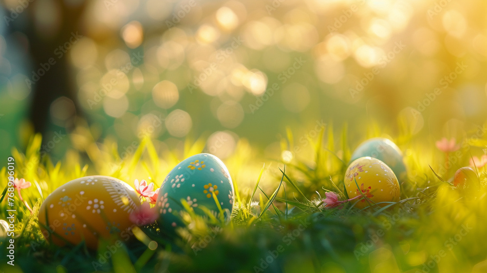 Easter eggs on green grass with sunlight in spring background, copy space for design Easter eggs on green grass with sunlight in spring background, copy space for design