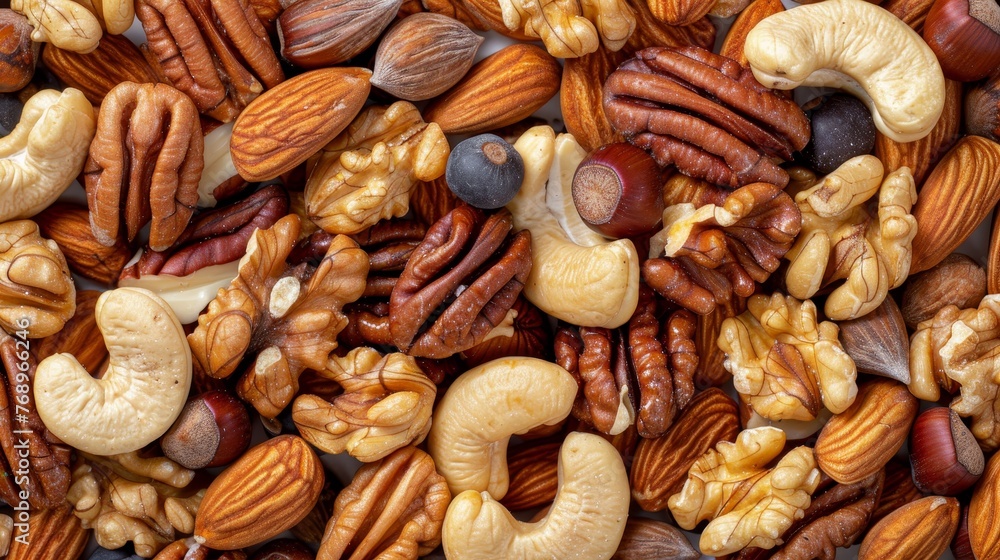 Assorted nuts arranged in top view creating a natural background with a variety of nut types Assorted nuts arranged in top view creating a natural background with a variety of nut types
