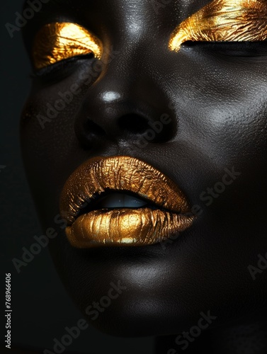 Close-up of a womans face adorned with striking gold makeup, highlighting her features with shimmering accents