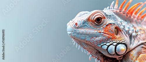   A close-up of an iguana s head  featuring orange and white spikes