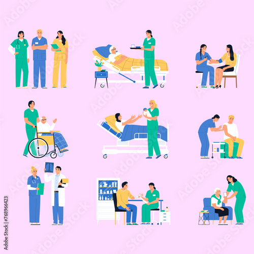 nurse flat icons set with medical professionals during healthcare procedures isolated vector illustration