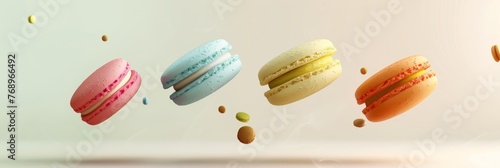 Commercial photo, four macaroons flying in the air in close-up, suitable for banner design