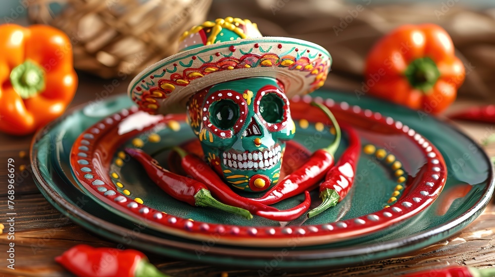 Wonderful Cinco de Mayo Painted Sugar Skull in a sombrero on a plate with chili peppers Wonderful Cinco de Mayo Painted Sugar Skull in a sombrero on a plate with chili peppers