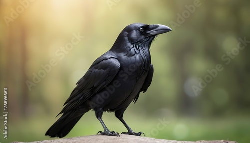 crow or raven on bokeh nature background, black bird