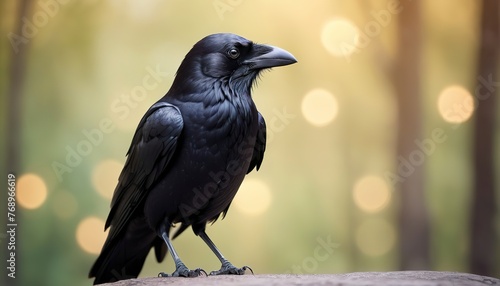 crow or raven on bokeh nature background, black bird