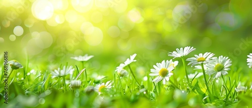  A cluster of daisies swaying in the meadow under the radiant sky behind towering trees