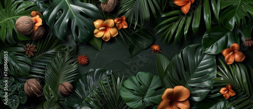  A lush tropical garden on a dark background, featuring vibrant green foliage and radiant orange blossoms on the left side of the image