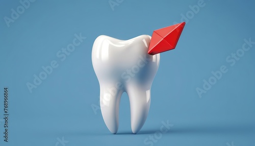 dental molar teeth model 3d icon with red spiral arrow, filling material isolated on blue background photo