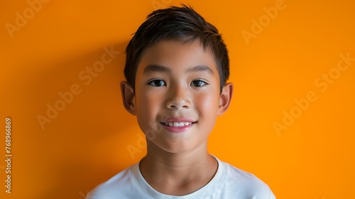 Asian Boy Poses Against Orange Background, Studio Setting, Horizontal Shot photo