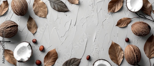  A collection of nuts surrounded by leaves and shells against a white-painted wooden backdrop Add captions for better visibility and comprehension