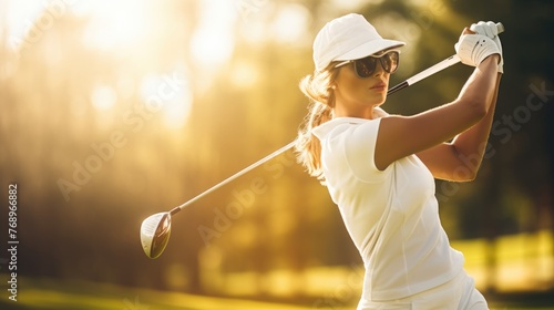 A Beautiful professional woman in golfer wearing sports wear in a golf tournament on beautiful green course.