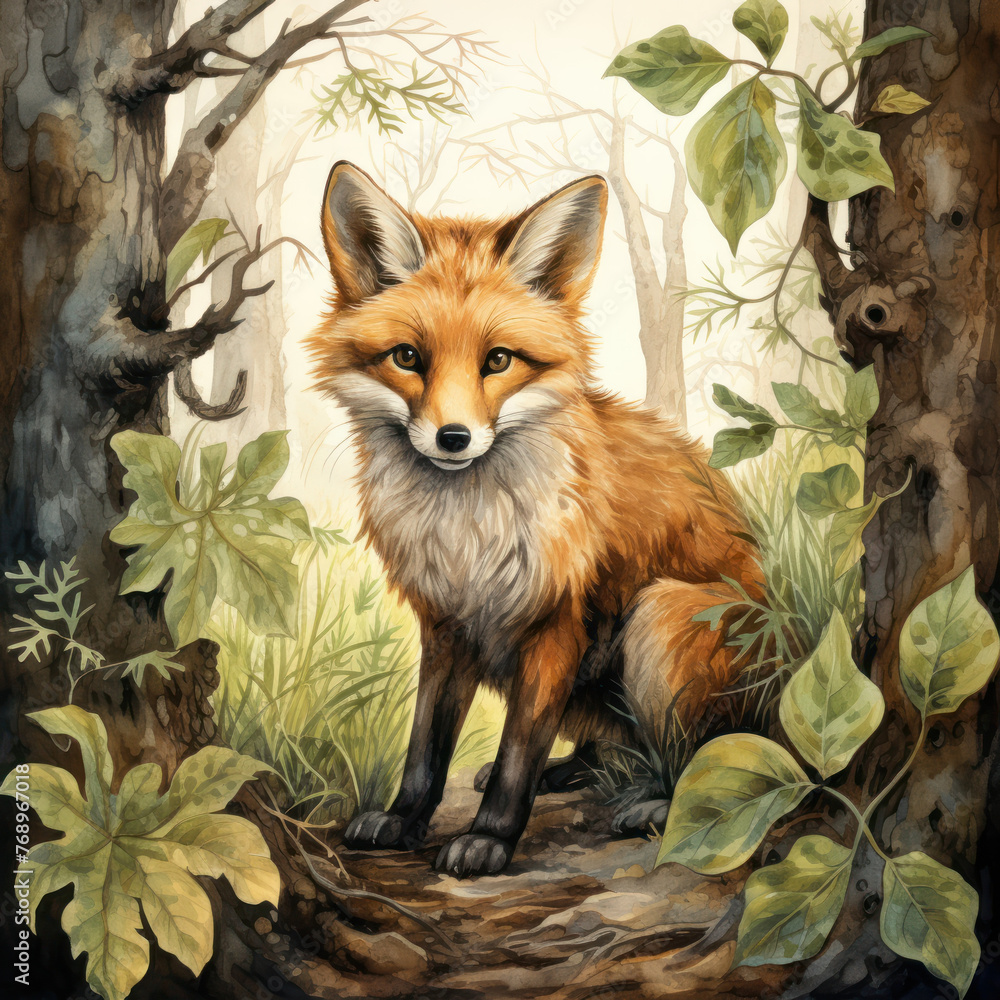 Fototapeta premium Vibrant watercolor art of a fox in a lush forest setting. Wall art wallpaper