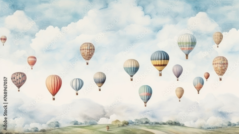 Obraz premium Hot air balloons soaring above pastoral landscape and clouds. Wall art wallpaper