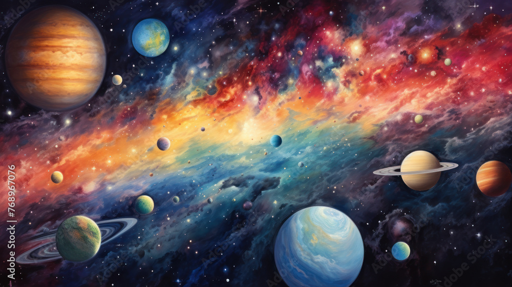 Colorful space panorama with planets and star clusters. Wall art wallpaper