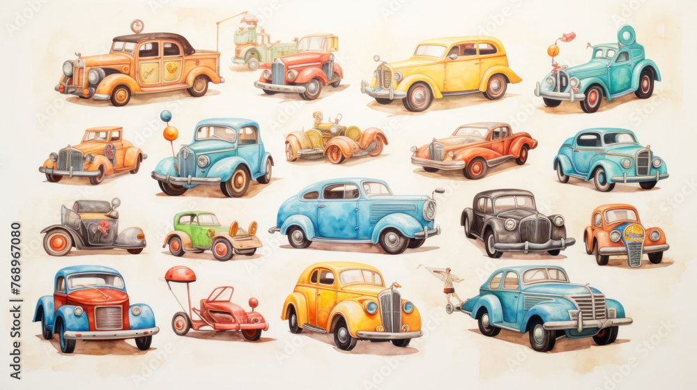 Colorful vintage toy cars on artistic watercolor mural. Wall art wallpaper