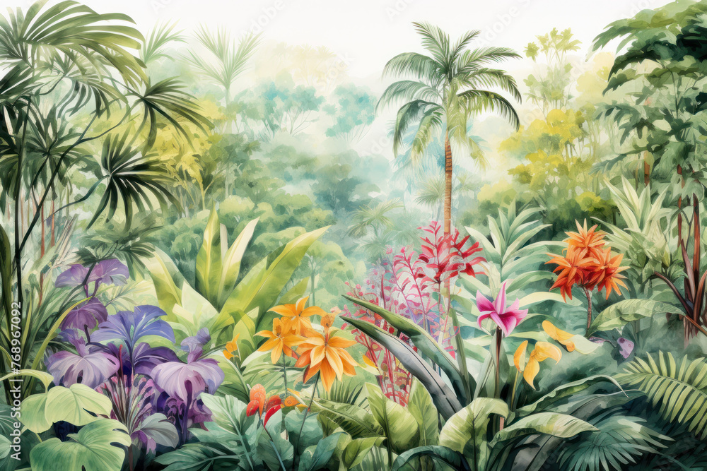 Fototapeta premium Artistic mural painting of dense tropical greenery and blooming flowers. Wall art wallpaper