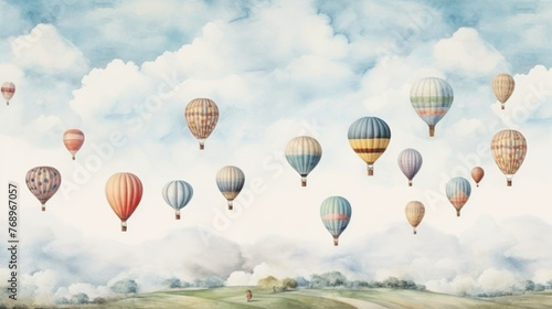 Hot air balloons soaring above pastoral landscape and clouds. Wall art wallpaper