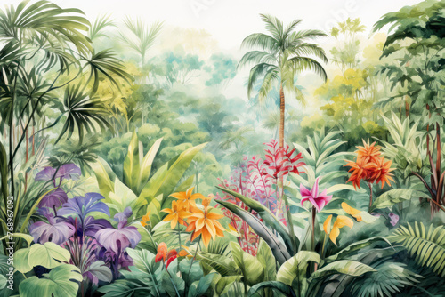 Artistic mural painting of dense tropical greenery and blooming flowers. Wall art wallpaper