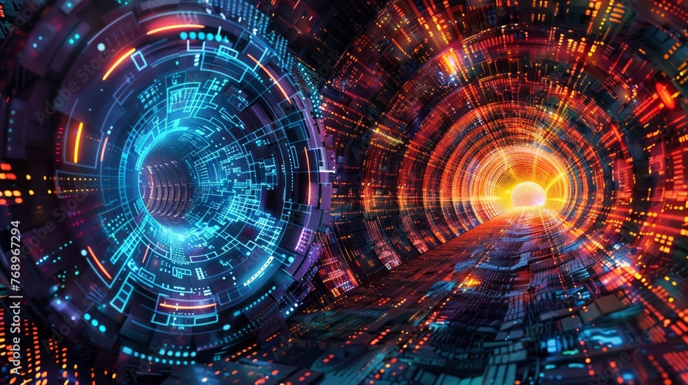 Fototapeta premium Futuristic data funnel weaves a tapestry of bytes a gateway to cyber wisdom