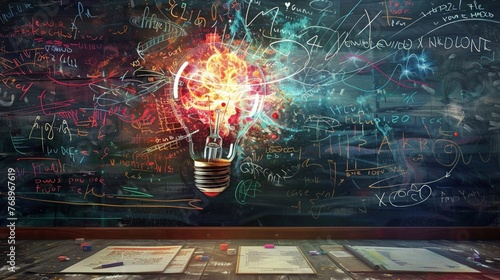Chalkboard of thoughts orbiting a bright idea books story fueling innovation