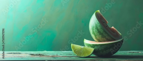   A sliver of watermelon resting on a wedge of lime beside a watermelon slice