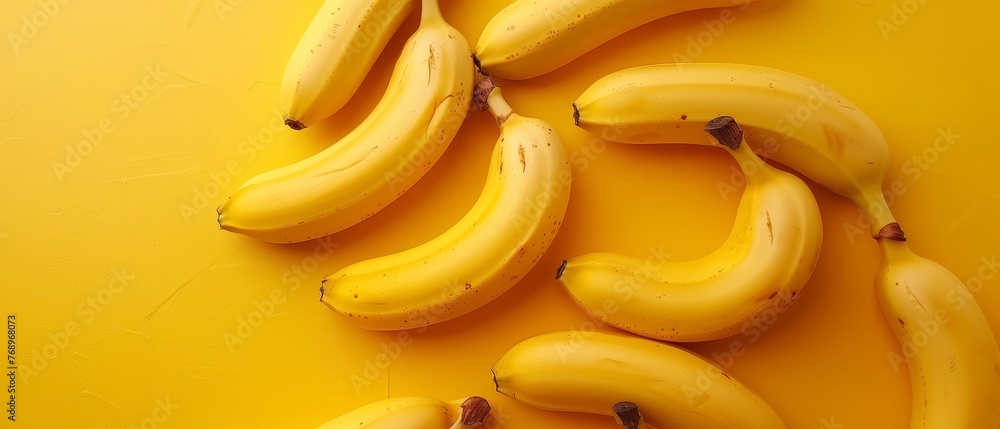 A photo of several ripe bananas resting on a yellow background with a few additional bananas scattered throughout the image A photo of several ripe bananas resting on a yellow background with a few additional bananas scattered throughout the image