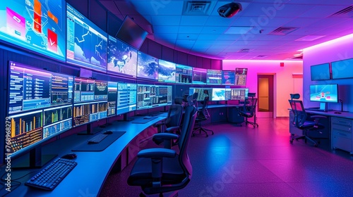 Cuttingedge network operations center screens ablaze with data analytics the heartbeat of technology photo