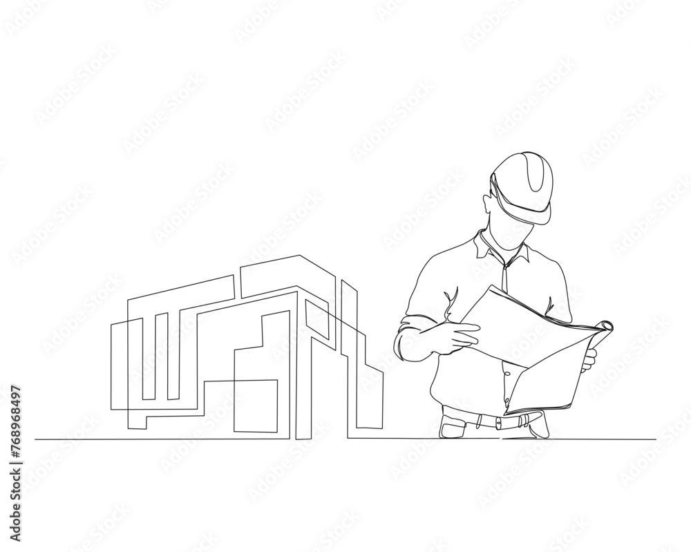 Continuous single line drawing of construction worker reading blueprint paper and modern house real estate. Architect reading blueprint paper single line vector illustration. Editable stroke.