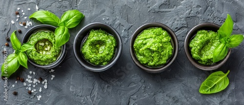  Three bowls brimming with pesto and fresh basil atop a gray backdrop, adorned with specks on their sides