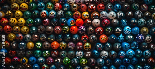Close up of colorful emoji balls portraying diverse emotions in a vibrant assortment