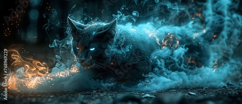  A black cat with blue eyes sits on the ground amidst blue and white flames and smoke