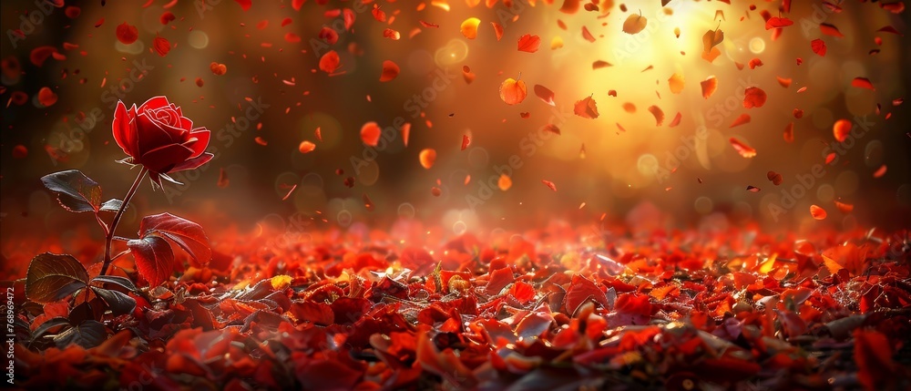   A crimson flower resting amidst a sea of scarlet foliage, bathed in golden rays