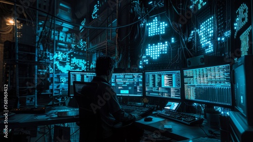 Clandestine hacker at work screens glowing in a dark datadriven lair