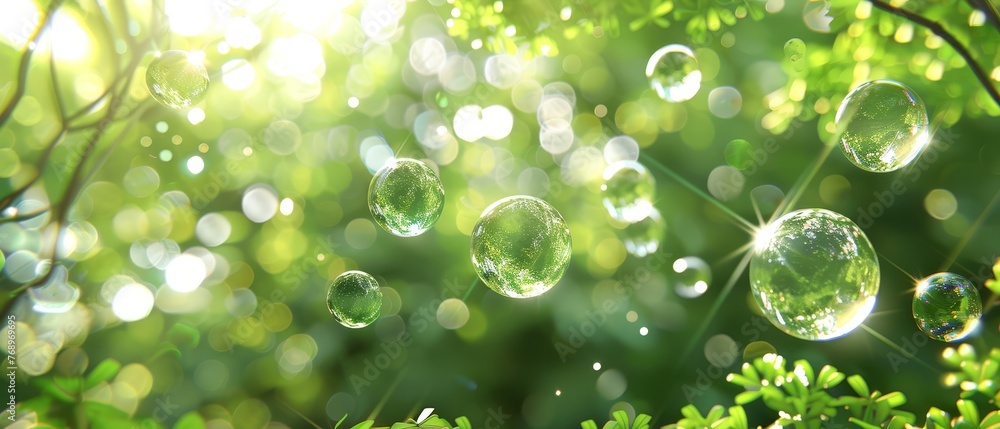   Bubbles floating above a leafy green tree surrounded by water on a sunny day
