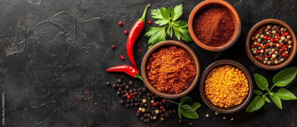 A collection of bowls containing diverse spice mixes and seasonings arranged on a black countertop A collection of bowls containing diverse spice mixes and seasonings arranged on a black countertop