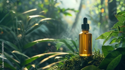 Botanical skincare elixir standing in misty jungle essence of organic allure photo