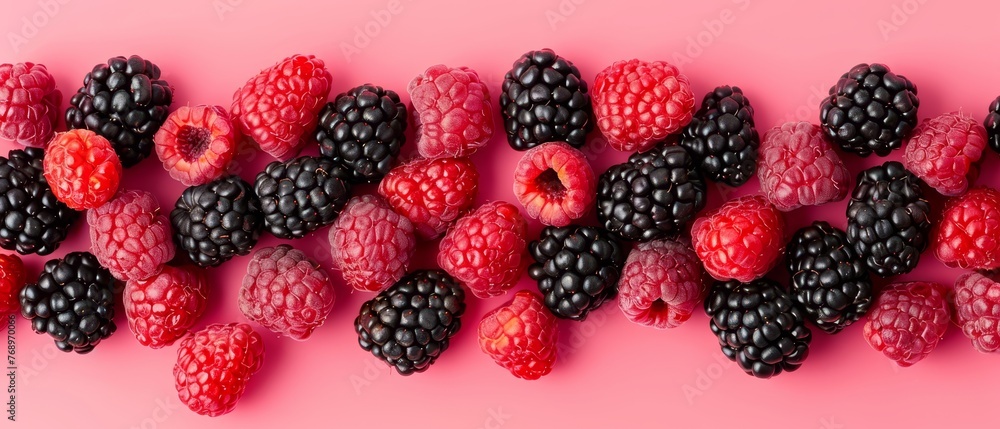 A group of raspberries on a pink backdrop, with a nibbled-on berry visible A group of raspberries on a pink backdrop, with a nibbled-on berry visible