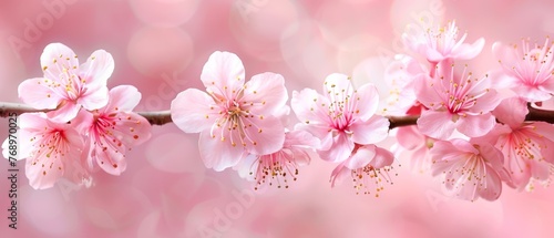  Cherry tree close-up with pink flowers in foreground and blurry background