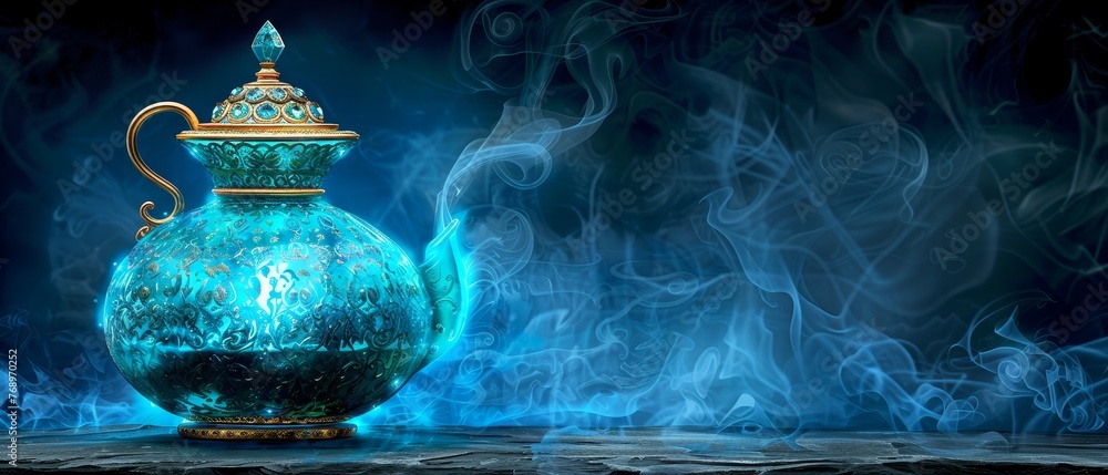 Blue glass tea pot sits on top of table, beside blue and white smoke-filled wall Blue glass tea pot sits on top of table, beside blue and white smoke-filled wall