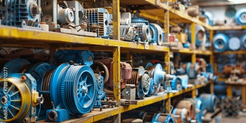 Assorted collection of industrial alternators on vintage workshop shelves